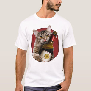 Kat met wijnfles t-shirt