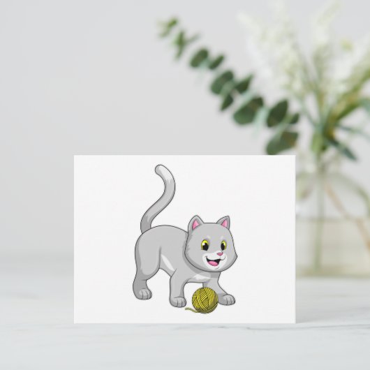 Kat met wol garen bal briefkaart (Staand voorkant)