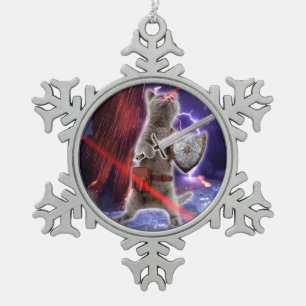 Kat met worstjes met ooglasers tin sneeuwvlok ornament