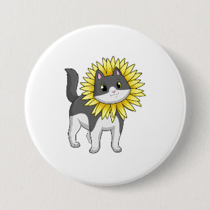 Kat met zonnebloem ronde button 7,6 cm