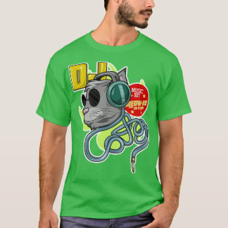 Kat met zonnebril als DJ met hoofdtelefoon T-shirt