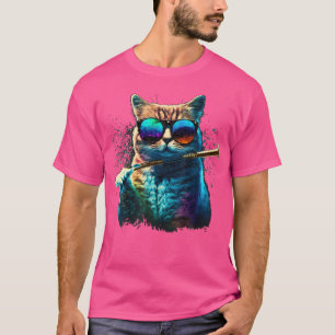 Kat met zonnebril die flute kleurig afspeelt t-shirt