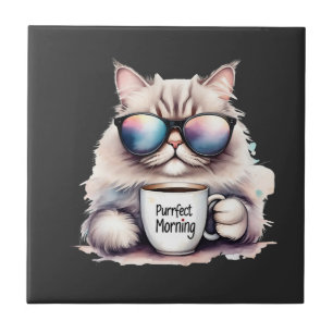 kat met zonnebril en een koffiekopje vasthoudend tegeltje