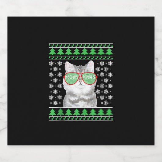 Kat met zonnebril Meowy Ugly KerstSweater Sparkling Wijnetiket (Enkel label)