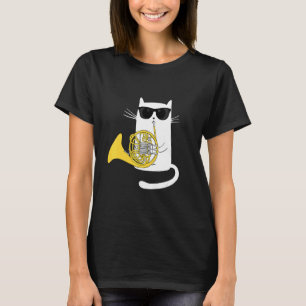 Kat met zonnebril speelt Franse hoorn mannen vrou T-shirt