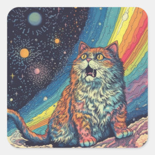 Kat Miauw in de ruimte Met Regenboog Vierkante Sticker