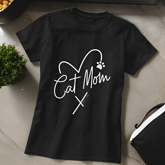 Kat Moeder Modern Speels Hart en Leuke Typografie T-shirt