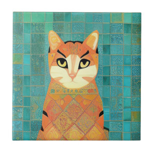 Kat moroccan mosaic ginger on turkooizen backgroun tegeltje