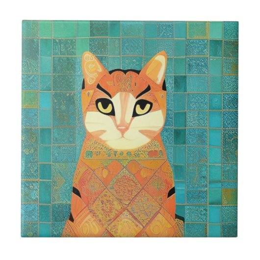 Kat moroccan mosaic ginger on turkooizen backgroun tegeltje (Voorkant)