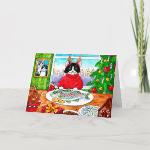 Kat, muis, kerstfeestkaartje voor vis kaart