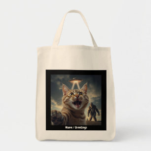 Kat neemt selfie met ufo en bigfoot grappig cadeau tote bag
