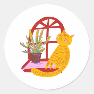 Kat oh zo blij, schattig en knuffelig, ronde sticker