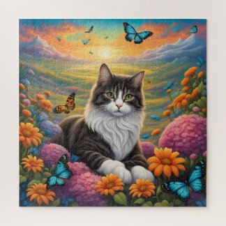 Kat omringd door bloemen en vlinders legpuzzel