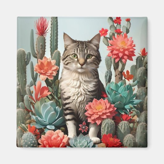 Kat onder de cactussen | Kattenliefhebbers Magneet (Voorkant)