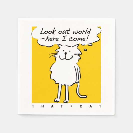 Kat ontwerp. "Kijk uit de wereld, hier kom ik!" Servetten (Voorkant)