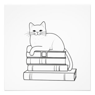 Kat op Boeken Line Art Foto Afdruk