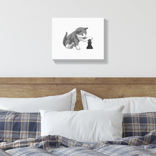 Kat op Chess met Chess-stuk bisschop Canvas Afdruk (Insitu (Slaapkamer))