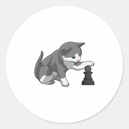Kat op Chess met Chess-stuk bisschop Ronde Sticker (Voorkant)