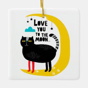 Kat op de maan keramisch ornament