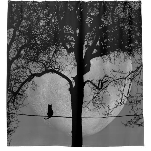 Kat op een draad Volle Maan Douchegordijn (Voorkant)