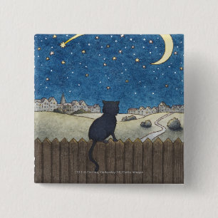 Kat op een hek die naar de nachtelijke hemel boven vierkante button 5,1 cm