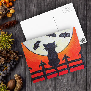 Kat op een hek in de maanvleermuizen briefkaart