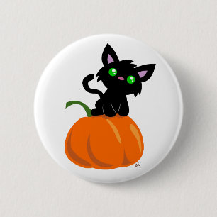 Kat op een pompoenknop ronde button 5,7 cm