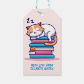 Kat op een Stack of Books Cute Personalized Litera Cadeaulabel (Achterkant)