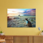 Kat op een strand canvas afdruk (Insitu (Woonkamer))