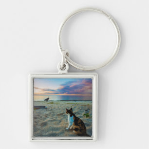 Kat op een strand sleutelhanger