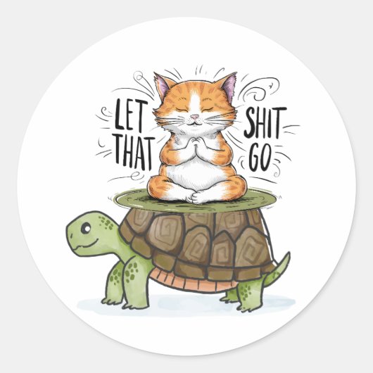 Kat op schildpad ronde sticker (Voorkant)