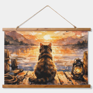 Kat op steiger bij zonsondergang hangend wandkleed