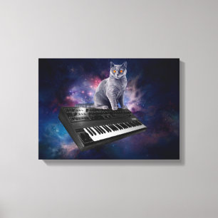 Kat op synthesizer in de ruimte canvas afdruk