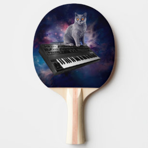 Kat op synthesizer in de ruimte tafeltennisbatje