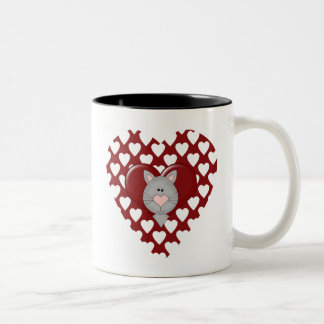 Kat op T-shirts met rode hartslag Valentijn en cad Tweekleurige Koffiemok