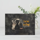 Kat Owl Black Halloween Party Invitation Kaart (Staand voorkant)