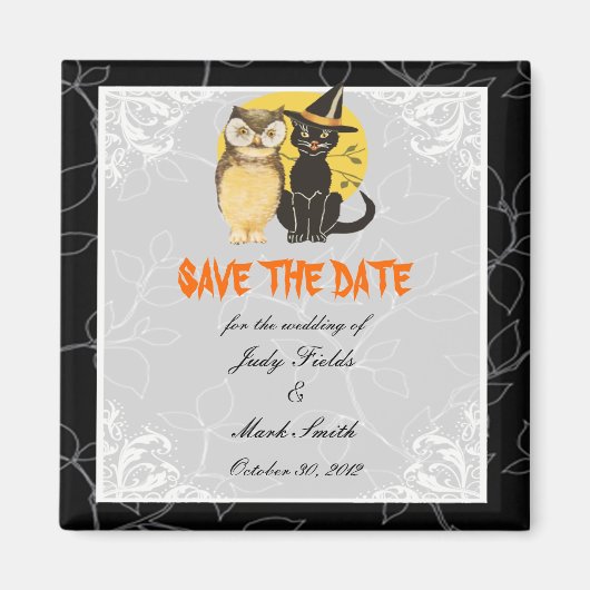Kat & Owl Halloween Wedding sparen de Datum Magnet Magneet (Voorkant)