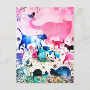 Kat Party Huis Glitter Kunst Roze Waterverf Feestdagenkaart