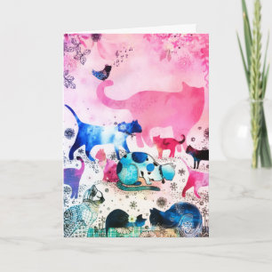Kat Party Huis Glitter Kunst Roze Waterverf Kaart