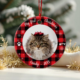 Kat Pet Eerste Kerstmis Foto Rustic Buffalo Check Keramisch Ornament