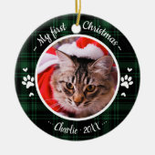 Kat Pet First Kerstfoto Rustic Green Pset Keramisch Ornament (Voorkant)