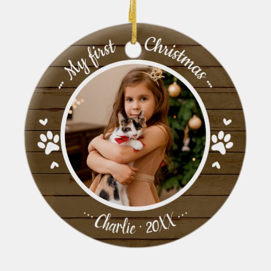 Kat Pet First Kerstmis Eenvoudige foto Rustige Keramisch Ornament (Achterkant)