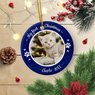 Kat Pet First Kerstmis Eenvoudige foto Rustisch Bl Keramisch Ornament