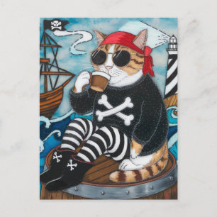 Kat Pirate in fuzzy zwarte trui met een kop koffie Briefkaart