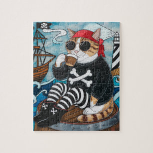Kat Pirate in fuzzy zwarte trui met een kop koffie Legpuzzel