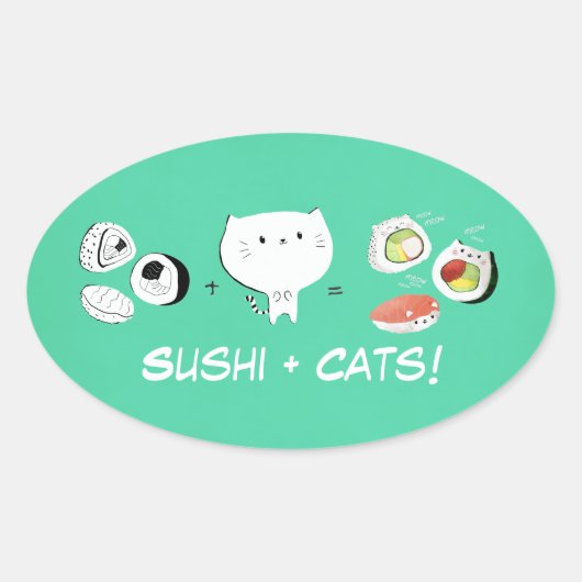Kat plus Sushi staat voor schattigheid! Ovale Sticker (Voorkant)