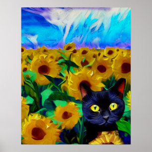 Kat Poster, Zonnebloemenveld, Impressionistische K Poster