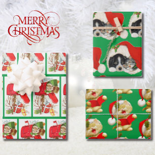 Kat & Puppy Red & Green met 3 kerst Inpakpapier Vel