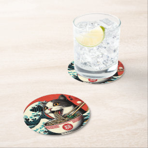 Kat Ramen Japanse Kunst Vintage Stijl Ronde Kartonnen Onderzetter