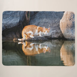 Kat Reflection in Pond Water Funny Kitten Photo, Sherpa Deken